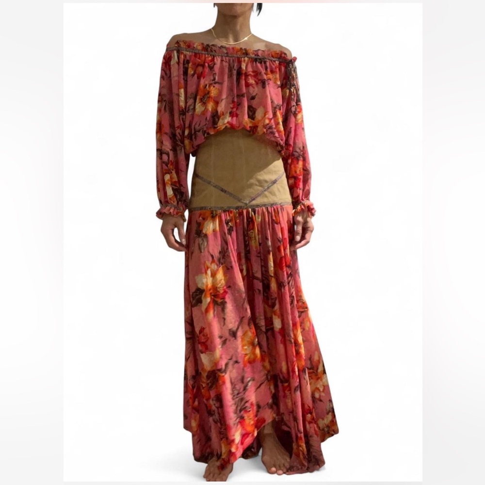 Vintage Tracy Feith Floral Red and Pink Maxi Dress